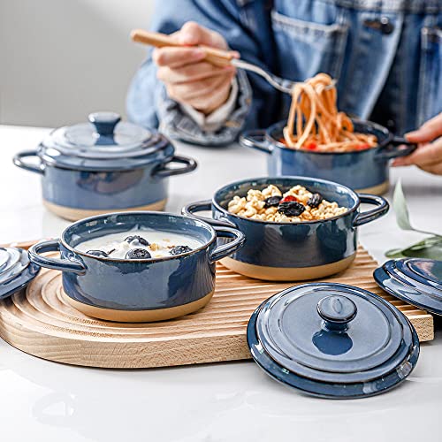 Hvh 12 Oz Ramekins With Lids, Mini Casserole Dish With Lid Oven Safe, Small Casserole Dish Set, Oven Safe Bowls, Mini Dutch Oven Set Of 4, Souffle Dish, Mini Baking Dishes For Oven With Lids, Farmhouse Style (Blue) #TOP1