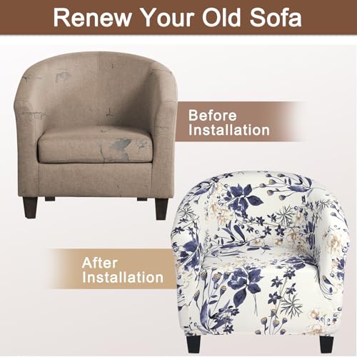 Image of SearchI Club Chair Slipcover Stretch Barrel Chair Covers Printed Tub Chair Slipcovers Soft Spandex Armchair Sofa Cover Removable Couch Furniture Protector for Living Room (Blue Flowers)