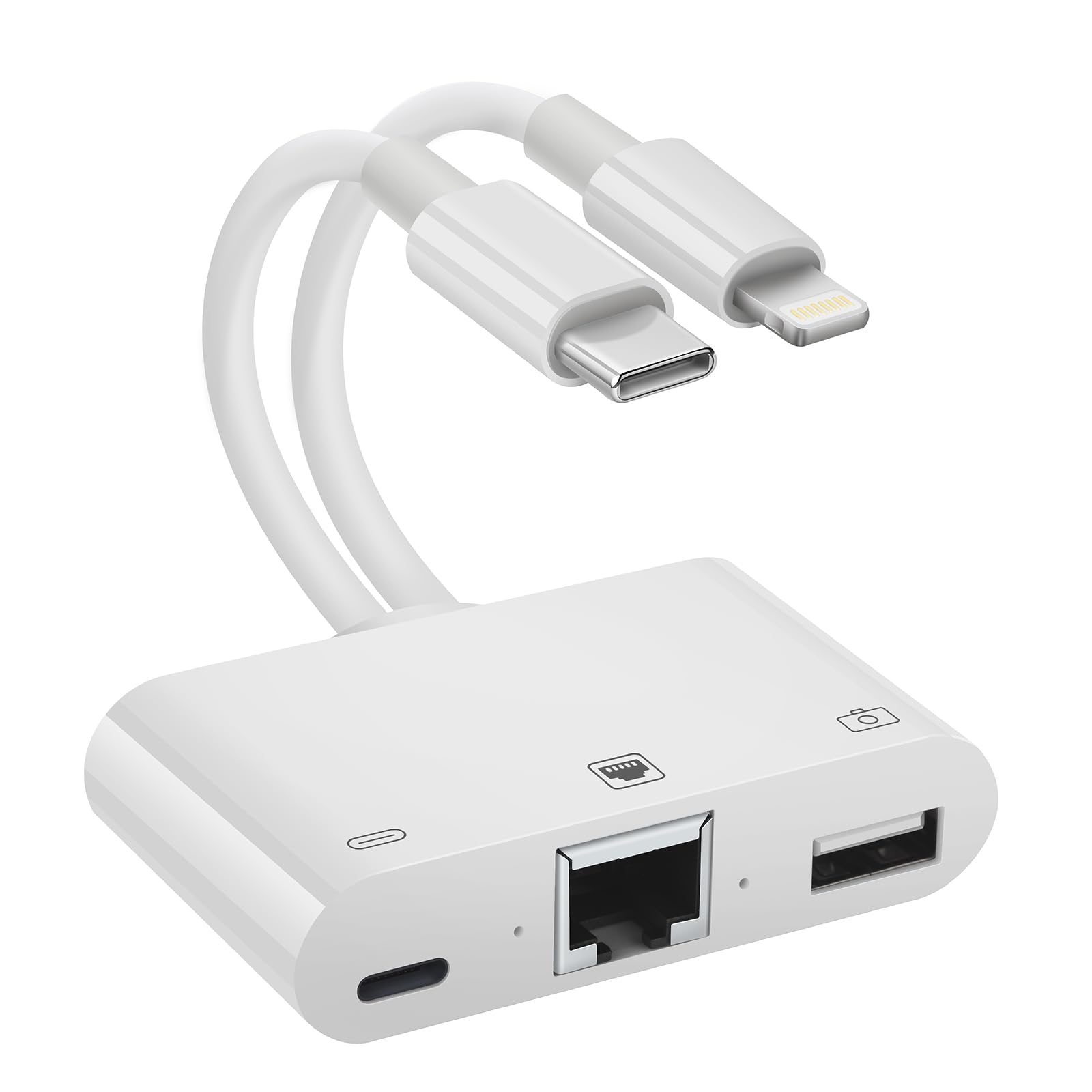 Adattatore di rete Ethernet 2 in 1 da Lightning e tipo C a RJ45, con porta di ricarica e porta USB, supporta unità flash USB/tastiera/mouse/came, plug and play, supporta rete Ethernet da 100