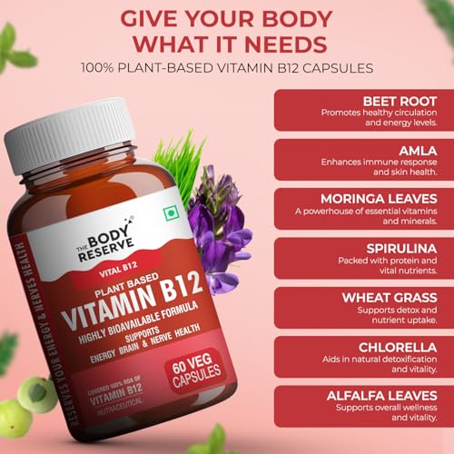 Image of The Body Reserve Plant Based Vitamin B12 Supplement For Men & Women 60 Capsules Organic Vitamin B12 For Nerve And Brain Health Vegan Capsules, Daily One 60 Days Pack