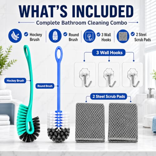 Image of PulGos 7-in-1 Bathroom Cleaning Kit | 2 Toilet Brushes-Hockey & Round Style | with 3 Self-Adhesive Wall Hooks & 2 Steel Scrubber Pads | Washroom's Deep Cleaning Brush Set for Western & Indian Toilets
