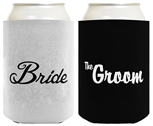 Bride and Groom Wedding Gift 2 Pack Can Coolies Drink Coolers Black and White
