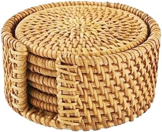 Rattan Coasters 6PCS Woven Rattan Coasters Set with Holder Table Mat Placemat Coffee Tea Cup Coaster Pot Bowl Pad Glass Base Kitchen Accessories(10cm)