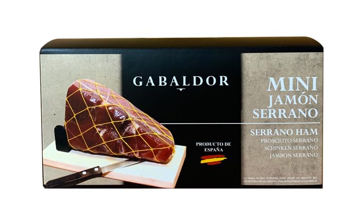 Mini Jamón Serrano 1 Kg + Jamonero + Cuchillo + Caja Presentacion. 10 Meses de Curacion. Jamon Serrano Mini ideal para Regalo. Gabaldor.