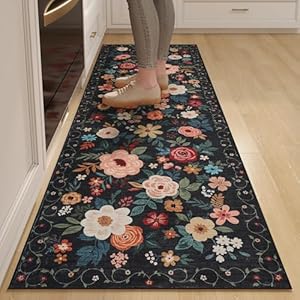 DUKINO Runner Rug, 2.6×8 Kitchen Rugs for Hallway with Non Slip Backing, Washable Low Pile Soft Boho Floral Runner Carpet for Hallway, Kitchen, Entryway, Laundry, Bedroom, Black