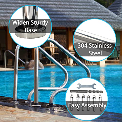 Ginchain 30X33 Pool Rail, 3 Bend Swimming Pool Hand Rail, 304 Stainless Steel Swimming Pool Stair Rail, Easy Install Pool Stair Rail With Hammer Drill & Spanner & Expansion Bolt #TOP3