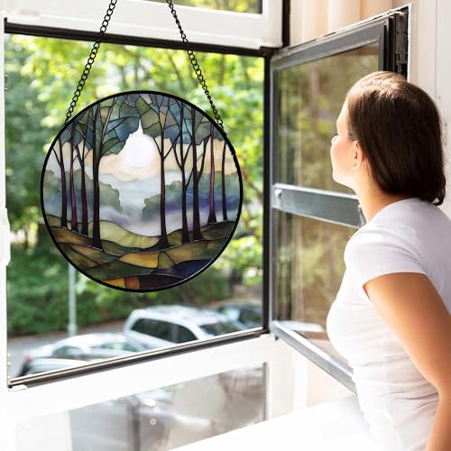 Image of DASTOLL Stained Glass Window Hanging, Green Brown Smoke Forest Moon Suncatcher for Doors Window Home Tree Sun Catchers Decor Mother's Day Birthday Gifts for Women, Men Mom 9.8 in