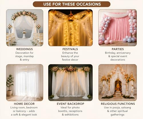 Image of 3pcs White Backdrop Decoration Net - 13x4ft Each, Nylon Made, Reusable and Soft Fabric, Ganpati Decoration Setup for Home, Cabana Tent Decorations for Birthday, Wedding Net
