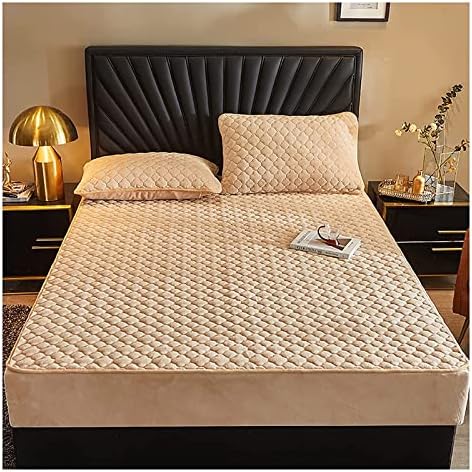 ONBV Washable Fitted Bed Sheet with 2 Pillowcase,Bedding Fitted Sheets Quilted Velvet Mattress Protector Cover with 2-12 Inches Deep Pocket 22.4.10s (Color : Beige, Size : King Size: 78x 86inch)