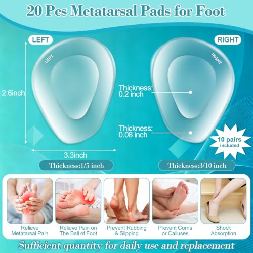 Image of Shynek 20 Pack Metatarsal Pads, Ball of Foot Cushions for Women | Soft Gel Adhesive Foot Pad Insoles Forefoot and Sole Support, Pain Lessen Metatarsalgia Morton's Neuroma for Women and Men