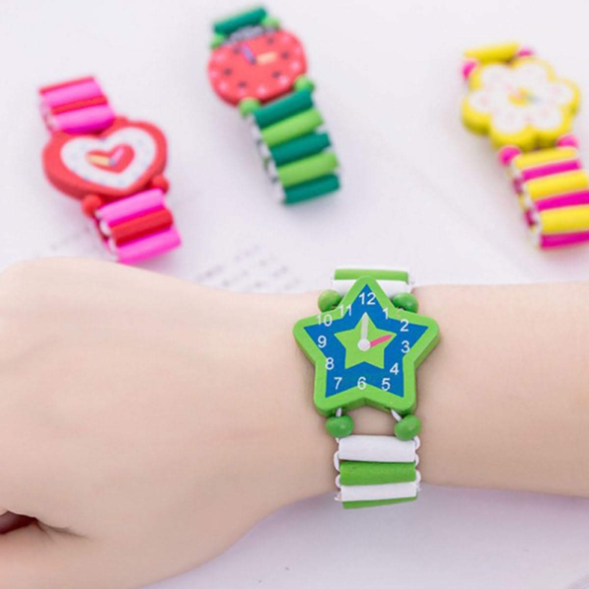 minkissy 5 Pcs Wooden Watch Cartoon Wristwatch for Early Learning Smooth Surface Educational Teaching Plaything for Boys Random Color