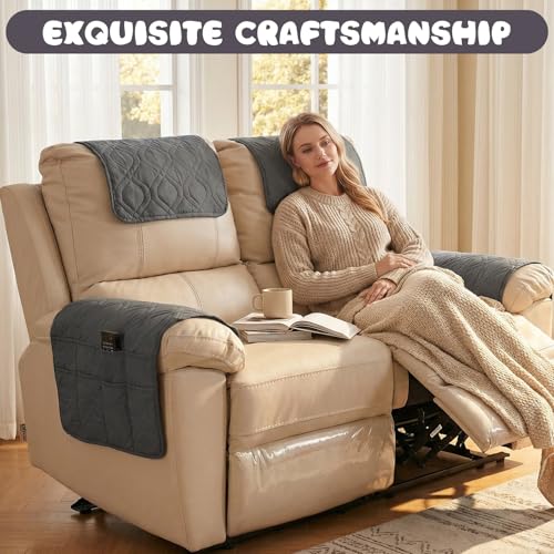 4 fundas para reposabrazos de sofá impermeables y acolchadas con bolsillo para sillón reclinable 8