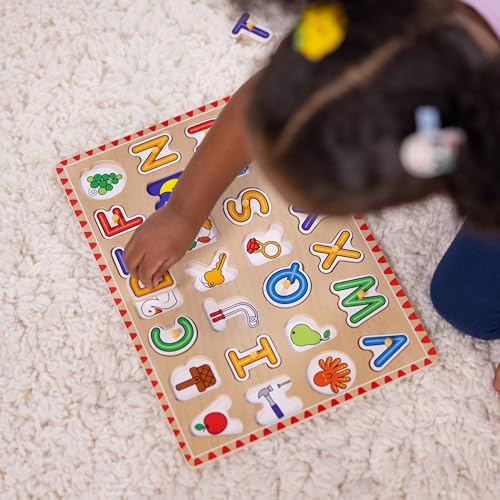 Melissa & Doug Wooden Lift & See Peg Puzzle Early Learning 2-Pack for Girls and Boys – Alphabet, Numbers