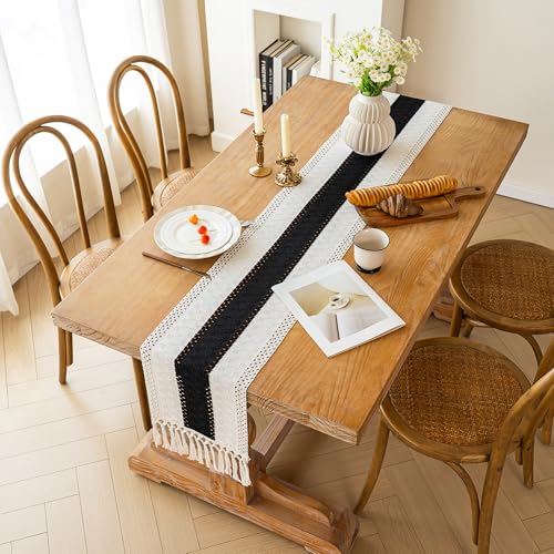 Image of FEXIA Boho Table Runner for Summer Home Decor with Tassels 90 Inches Long Farmhouse Rustic Black Gothic Table Runner Macrame Gothic Burlap Table Decoration for Kitchen Living Room (12x90 Inches)