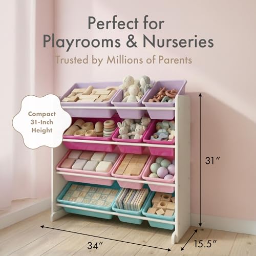 Image of Humble Crew Toy Storage Organizer with 12 Removable Storage Bins for Kids Playroom, 4-Tier Toddler Toy Organization, White /Pink /Purple /Turquoise