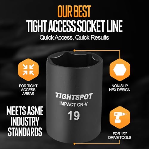 Image of TIGHTSPOT 3 /8 Inch Drive 19mm Shallow Impact Socket with Anti-Rounding 6 Point Design, Heat-Treated CRV Steel