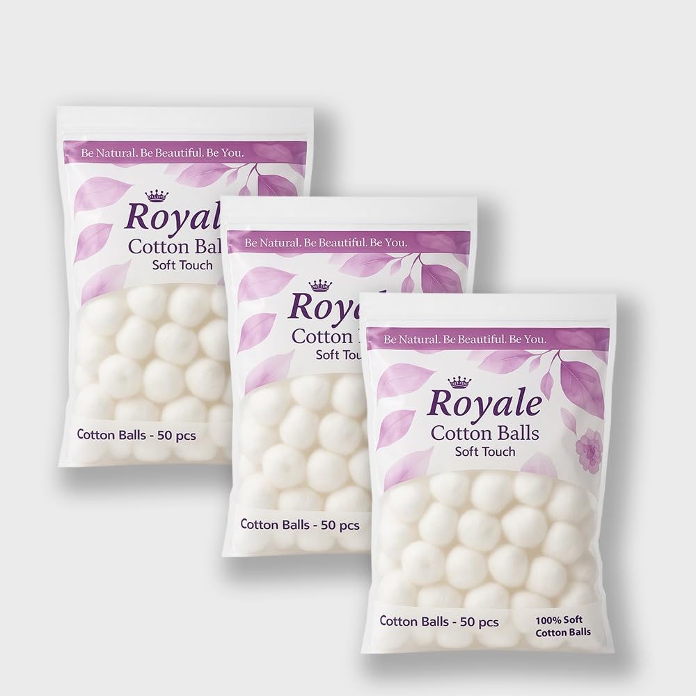 ROYALE WHITE COTTON BALLS 50 PCS - PACK OF 3 -SOFT AND HIGHLY ABSORBENT