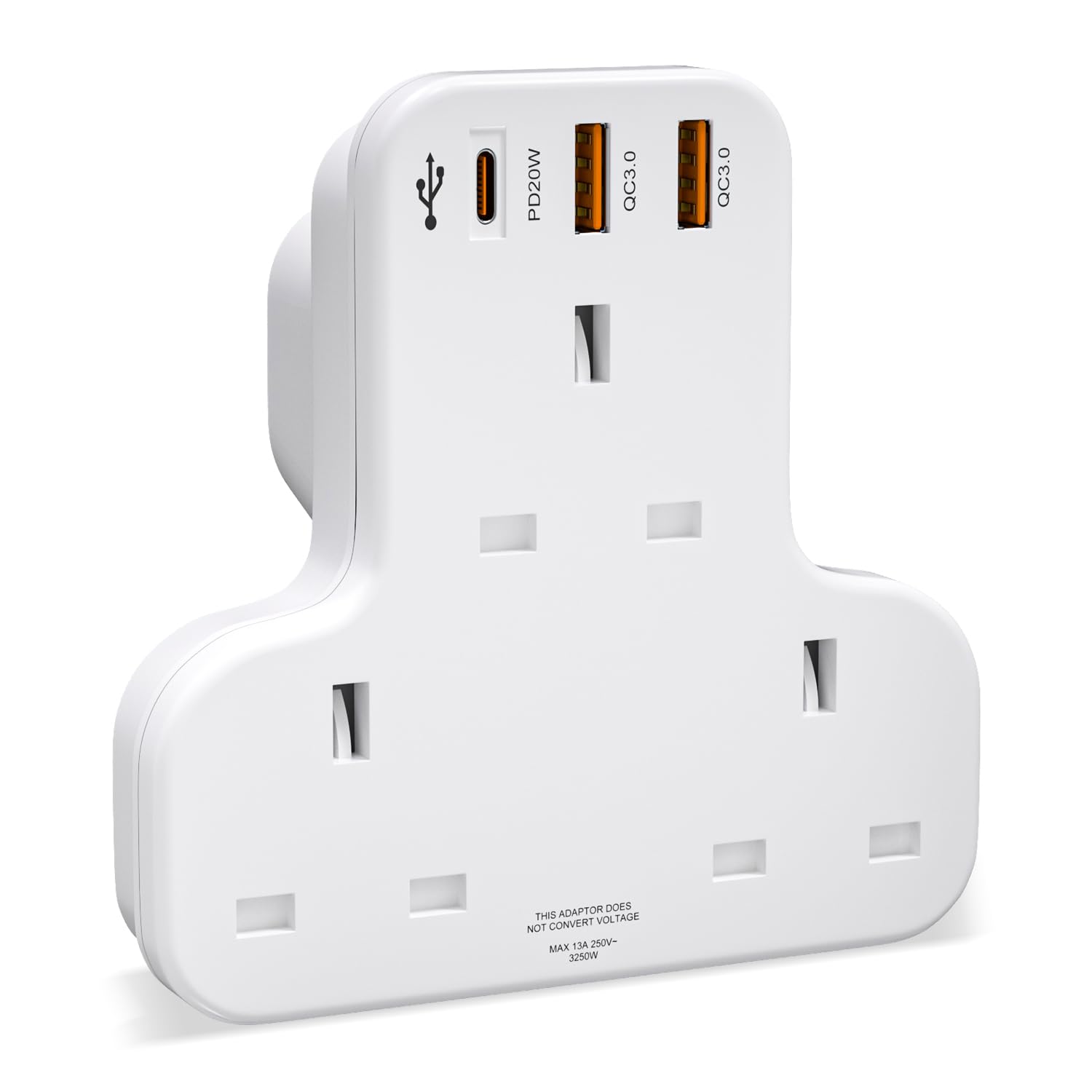 HITRENDS 3 Way Plug Adapter UK, 6-in-1 Multi Plug Adaptor with USB C PD20W Fast Charging, with 13A Fused, Flat Wall Socket Extension for Home, Office, Travel (White)