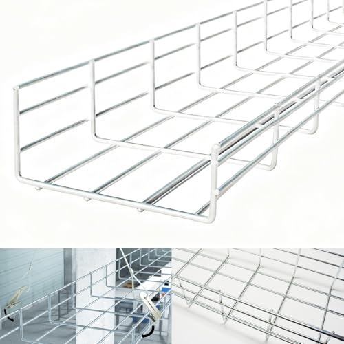 LAJIAOZ Wire Mesh Cable Tray, 60\" x 8\" x 4\" | Zinc Plated Steel Cable Management Rack, Adjustable Cable Basket for Network, AV, Fiber Optic, Garage & Office Use(2Pcs)