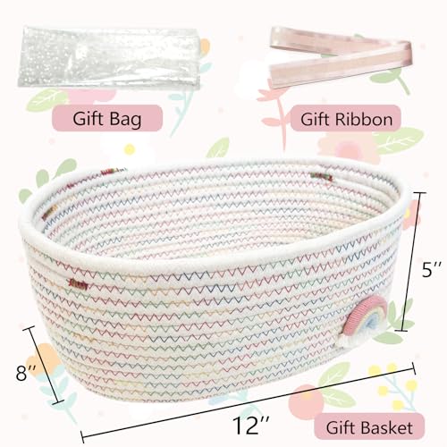 Image of SHIANCE&LI Small Woven Rainbow Basket with Gift Bags and Ribbons, Cute Empty Gift Decorative Basket For Baby Storage Nursery, Cotton Rope Basket with Handles,12 inchx 8 inch x 5 inch (Rainbow)