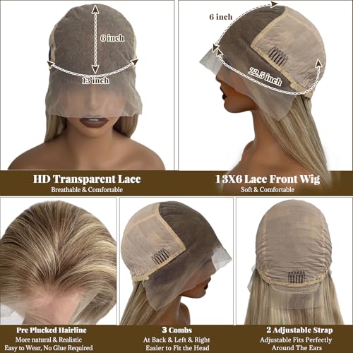 Image of 20 Inch Ombre Lace Front Wig Human Hair #8T18 /60 Ash Brown to Blonde HD Lace Front Wigs Human Hair Pre Plucked Glueless 180% Density Balayage Highlights 13x6 Straight Lace Frontal Wigs for Women