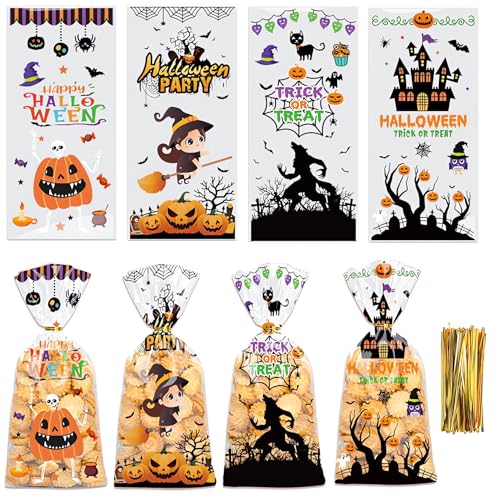 100 Piezas Bolsas Chuches Halloween, Bolsas Celofán Caramelos Estilos Transparentes, Regalo Galletas Fiestas Chocolate Decoración (Halloween-1)