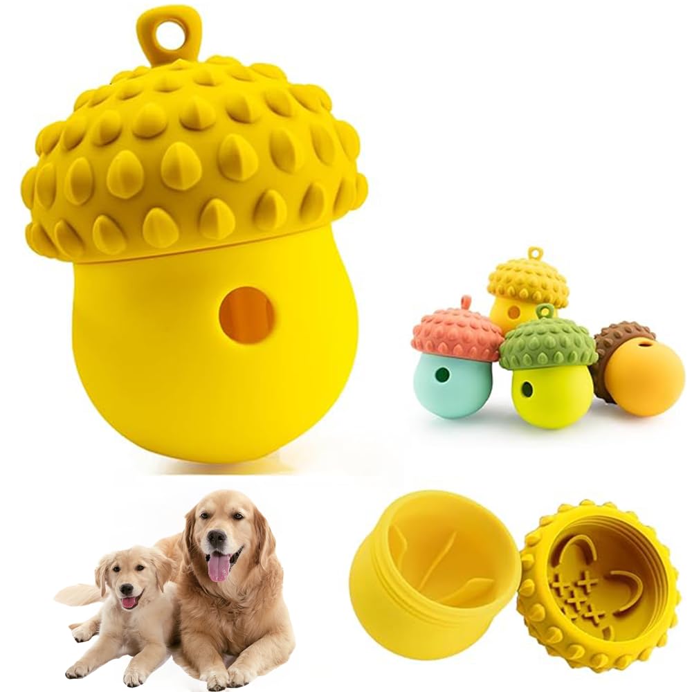 SLAUNT Interactive Dog Toys Detachable Puppy Treatment Dispense Clean Teeth Natural Silicone Chew Teething Toy Slow Food Ball Puppy Medium Dog Toys (Lemon Yellow)