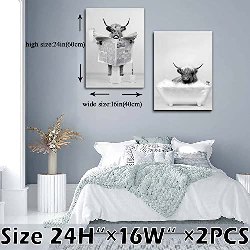 2 Pieces Framed Funny Highland Cow Wall Art Black And White Canvas Bathroom Wall Deco Poster Humor Animals Artwork Prints Rustic Farmhouse #TOP4