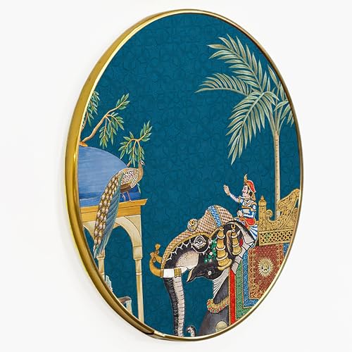 Image of Royal Elephant Mughal Garden Round Framed Wall Art Painting For Living Room | Traditional Indian Rajasthani Arched Jharokha Wall Art Painting With Frame for Home, Bedroom & Office, 16 Inch