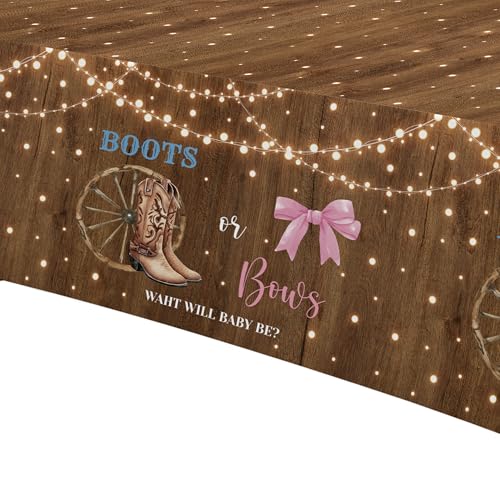 Image of Boots or Bows Gender Reveal Decorations Tablecloth, 3 Pack Disposable Cowboy Boots Pink Bows Boy or Girl Gender Reveal Party Supplies Tablecover for Baby Shower, 86in x 55in
