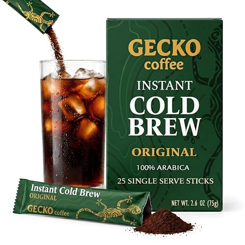 Image of Gecko Coffee Instant Cold Brew, 100% Arabica Medium-Dark Roast, Craft Coffee Single Packets, Sugar-Free, Smooth & Rich Iced, Hot or Cold, Eco-Friendly, Espresso Cold Brew, Coffee Sticks (25 Count)