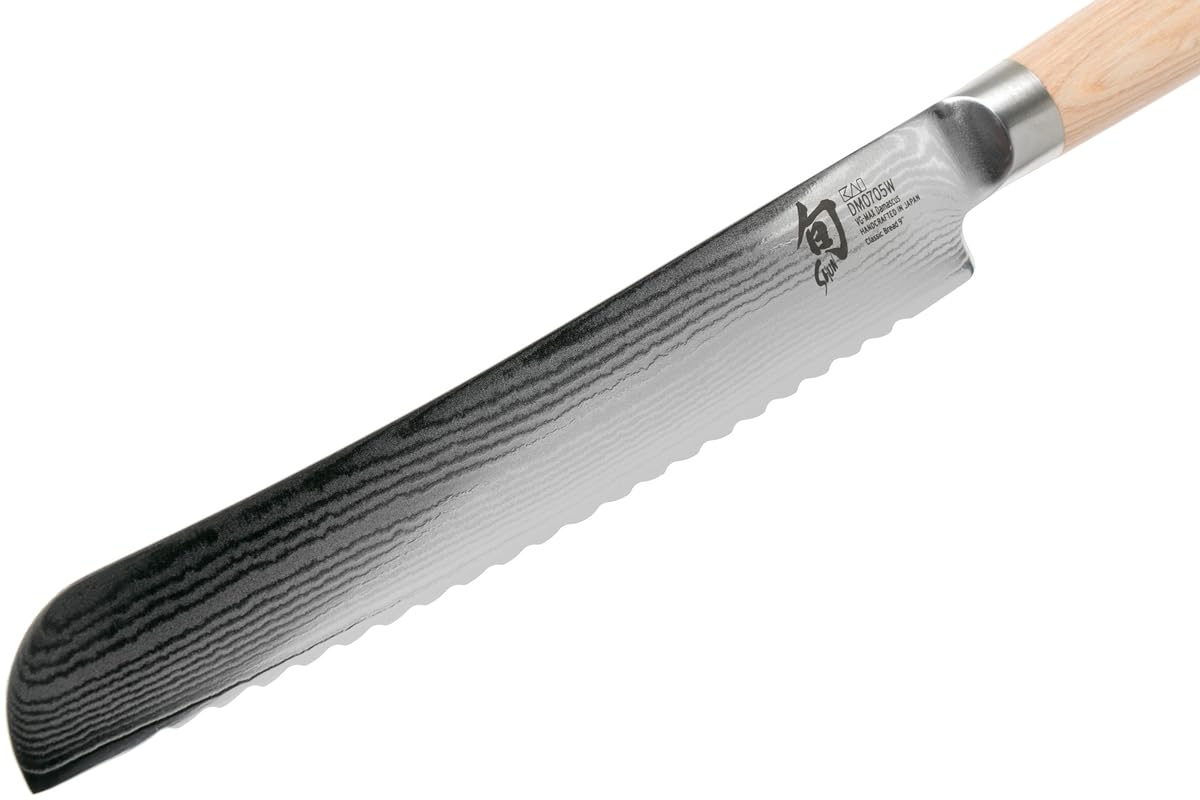 KAI Shun Classic White japoński nóż do chleba, długość ostrza 23 cm, nóż ze stali damasceńskiej, 32 warstwy rdzenia VG MAX - 61 (±1) HRC - uchwyt z drewna Pakka - Made in Japonia - nóż ze szlifem