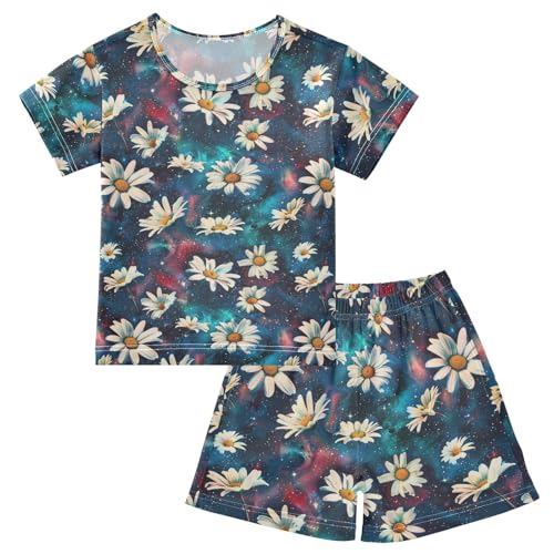 ALAZA Daisy Flowers on Space Pajama Set Short Sleeve Sleepwear Soft Lounge Nightwear