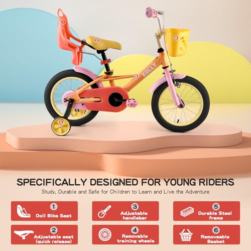 Image of RULLY 12 14 16 Inch Kids Bike for 2-7 Years Girls 33-53 Inch Tall, Toddler Bicycle with Training Wheels & Coaster Brake, Rainbow Bike, Macarons