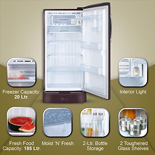 Image of LG 215 L 5 Star Inverter Direct-Cool Single Door Refrigerator Appliance (GL-D221ASEZ, Scarlet Euphoria, Base stand with drawer & Smart connect, 2022 Model)