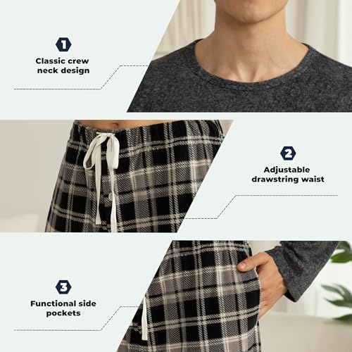U2SKIIN Mens Fleece Pajamas Set, Soft Warm Long Sleeve Prints Pants Pajama set for Men Comfy Sleepwear Pjs(DARK GREY MEL/BLACK-GREY PLAID,XL)4