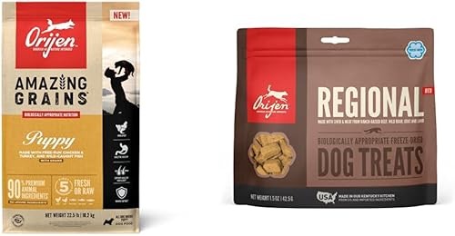 ORIJEN® Alimento seco para perros, alto en proteínas, Amazing Grains Puppy 22.5LB golosinas liofilizadas para perros, rojo regional, 1.5 onzas