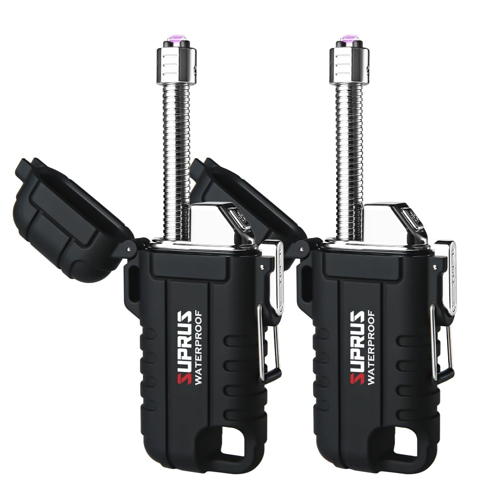 SUPRUS Waterproof Lighter Windproof Lighter Arc Plasma Lighters USB-C Rechargeable with Expandable and Flexible Neck for Outdoor, Camping & Kitchen (Black, 2Packs)