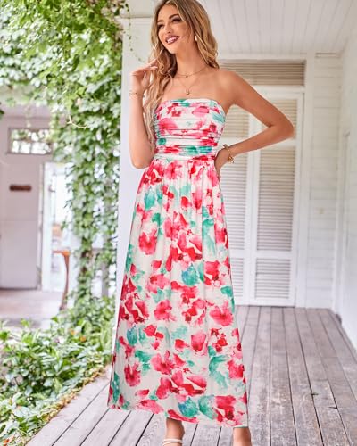 Image of GRACE KARIN Women Strapless Dress Casual Loose Ruched Long Maxi Dress with Pockets