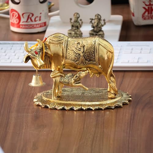 Image of KridayKraft Metal Om Kamdhenu Cow and Calf Metal Statue for Good Luck,Feng Shui As Table Top Figurine,Vastu,Religious Gau MATA Idol Home,Office&Table Decorative,Animal
