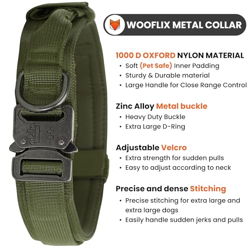 Image of Wooflix Metal Dog Collar for Training and Walks | Nylon Collar with Tactical Metal Buckle and D-Ring for Medium and Large Dogs | Dog Collar for Heavy Breed Dogs (Army Green, Medium)