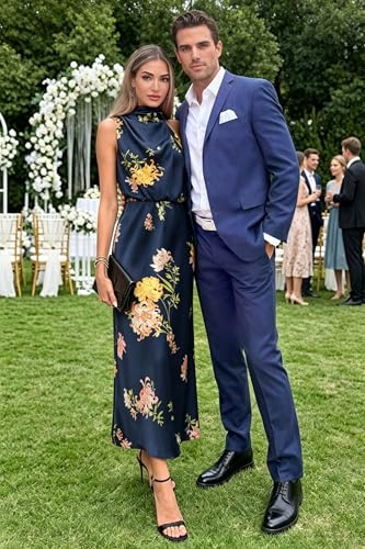 Image of Women's Satin Maxi Dress Summer Formal Wedding Guest Cocktail Dress | Mock Neck Sleeveless,Elegant Silk Midi Long Dress,High Neck,Halter,Aline,Bridesmaid,Bridal Shower Guest,Garden Party,Dinner