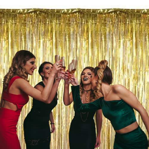 Image of 3 ft X 6 ft Metallic Gold Foil Curtain for Birthday Decorations /Anniversary (2 pc Gold Metallic Foil Fringe Curtain)