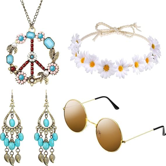 KASTWAVE Hippie Costume Set - Sunglasses, Headband, Peace Sign Necklace, and Earring (Turquoise Style) - 60's and 70's Retro Accessories