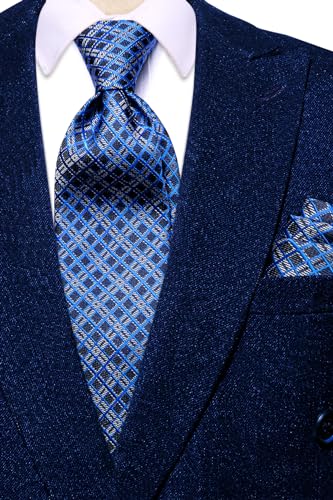 Image of Hi-Tie Men 63inches Tie Set Extra Long Necktie Paisley Tie Pocket Suqare Cufflinks Big and Tall Men Tie,Blue Plaid