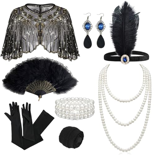 Boonbery 1920s Flapper Gatsby Accessories Set for Women Roaring 20's Theme Party Costume Kit Fashion Roaring 20's Theme Set Black Gold