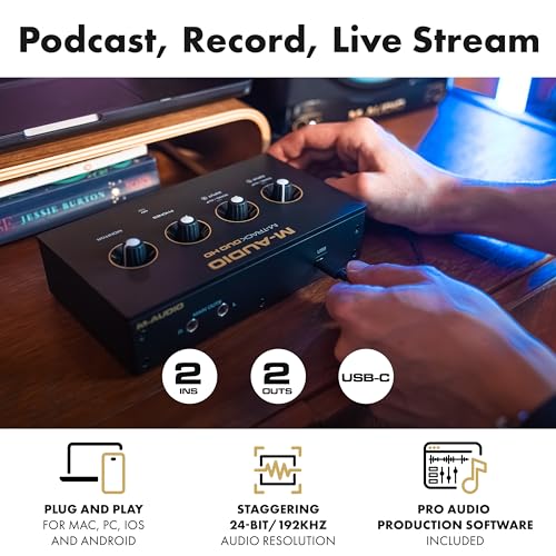 m-audio m-track duo hd audio interface 24bit 192khz for recording streaming podcasting with usb-c 2 xlr trs inputs 2 trs outputs software suite