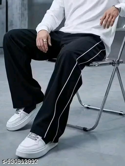 Image of Men's Black Wide Leg Track Pants with White Side Piping, Casual Style