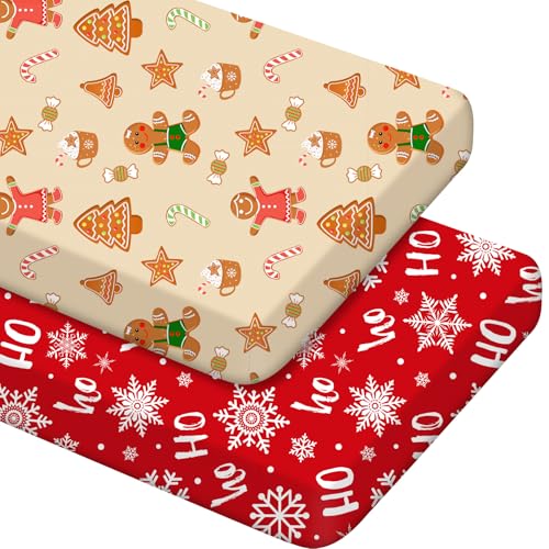 Mindsoft 2 Pcs Christmas Crib Sheets Snowflake Gingerbread Man Style for Baby Boys Girls 52 x 28 x 8 Inches Soft Breathable Christmas Fitted Nursery...