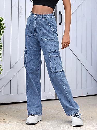 Dordanity Y2K Cargohose für Damen Baggy Hosen High Waist Wanderhose Baumwolle Arbeitshose mit Multi Taschen(Denim Blau,L)